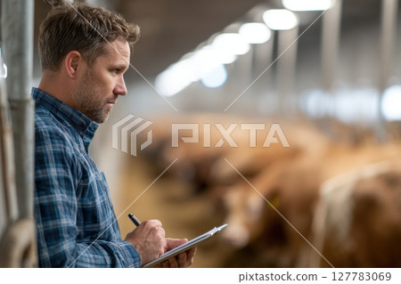 Farmer Conducting Research in Livestock Barn with Cattle Nearby 127783069