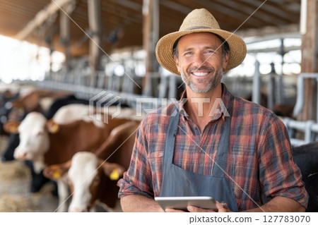 Smiling Farmer in Straw Hat Holds Tablet Near Cows in Barn 127783070