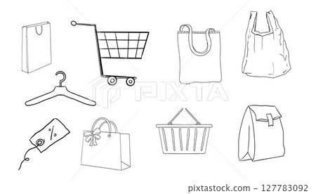 Doodle set of shopping icons cart, bag, basket, gift, coupon, money Sketch style illustrations for ecommerce, sale, delivery, and fashion store themes. Isolated and cute. 127783092