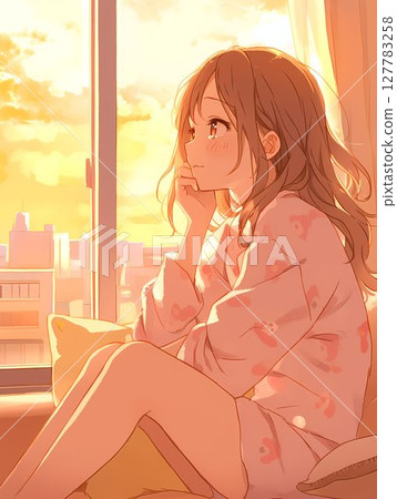 一個穿著睡衣的女孩在沐浴在夕陽的房間裡,用手托著下巴 1 一個穿著睡衣的女孩在沐浴在夕陽的房間裡,用手托著下巴 1 127783258