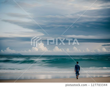 一位西裝革履的男子獨自走在沙灘上，天空陰雲密布，海浪拍打著 127783344