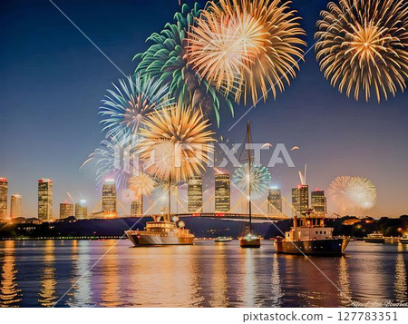 夜空中巨大的煙火，橋下河面上倒映著美麗的夜景 127783351