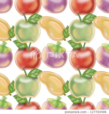 Seamless pattern of  Fruit Shaped Mung Bean Mung bean paste molded into small fruit shapes, with hand drawn style cartoon. 127783406