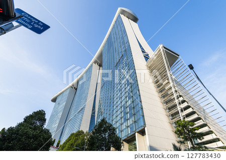 Building view of the Marina Bay Sands Hotel, Singapore, includes three towers topped by the Sands Skypark, a skyway, and an infinity-edge swimming pool. Building view of the Marina Bay Sands Hotel, Singapore, includes three towers topped by the Sands Skypark, a skyway, and an infinity-edge swimming pool. 127783430