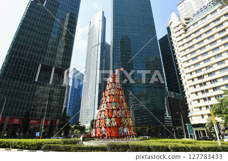 Low-angle building view of the modern office skyscrapers in the financial district of Raffles Place, Singapore. 127783433