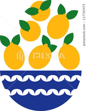 Vase with lemon drawn with simple shapes. Vintage Mediterranean bowl filled with lemons. Blue bowl, fancy Italian tableware. Perfect for kitchen decor, menu, packaging, pattern, card, poster design. Vase with lemon drawn with simple shapes. Vintage Mediterranean bowl filled with lemons. Blue bowl, fancy Italian tableware. Perfect for kitchen decor, menu, packaging, pattern, card, poster design. 127783475