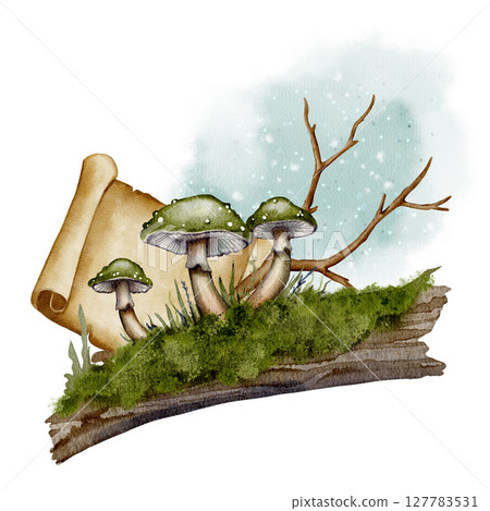 Green mushrooms on moss, scroll and tree branch 127783531