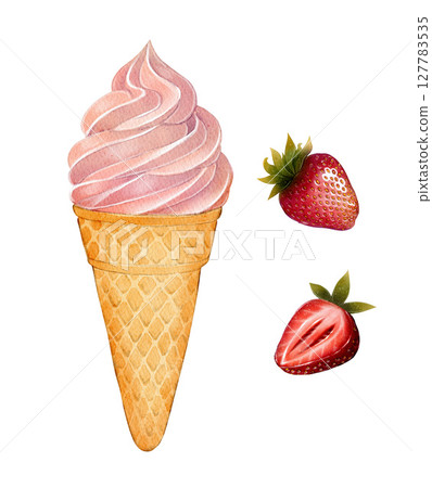 Strawberry soft serve ice cream in waffle cone Strawberry soft serve ice cream in waffle cone 127783535