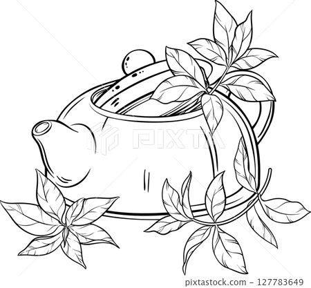 Teapot and Tea Leaves Outline Illustration Teapot and Tea Leaves Outline Illustration 127783649