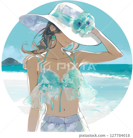 一名身穿比基尼、頭戴白帽子的女子在海裡 127784018