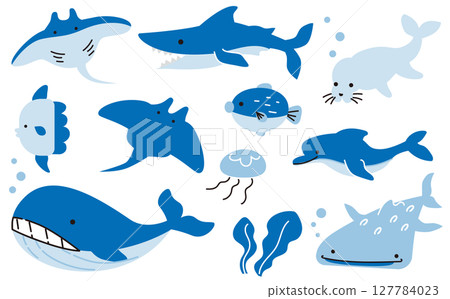可愛的海洋生物向量插圖素材集 127784023
