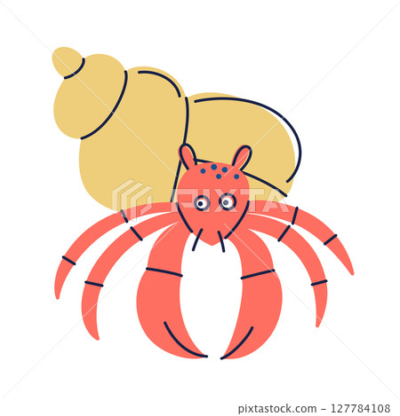 Flat cartoon vector illustration of cute hermit crab character in bright kids style. Colorful marine animal with shell for childrens ocean designs, underwater world, sea life and educational materials 127784108