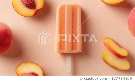 Fresh Peach Ice Popsicle Surrounded by Juicy Peach Slices 127784169