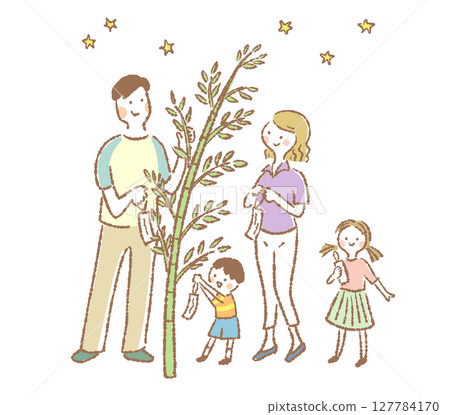 Illustration of a family enjoying Tanabata with wishes written on paper strips 127784170