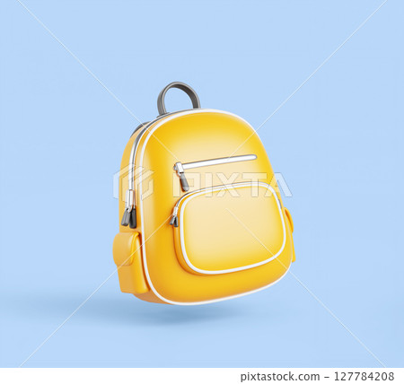 School bag, yellow backpack or satchel mockup. Student knapsack or schoolbag, travel rucksack with pocket, zipper and handle isolated on white background. Realistic 3d render icon. 3D illustration 127784208