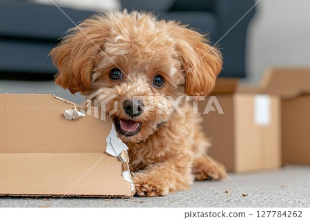 A puppy chewing on cardboard with curiosity, a problem behavior 127784262