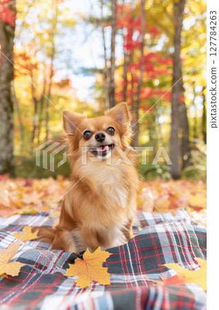 A small dog smiling in autumn nature 127784263