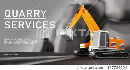 3d quarry services web banner. Render yellow excavator in opencast mine. Cartoon black landscape of open coal pit with heavy machinery. Mining industry, extraction of stone, metal ore. 3D illustration 127784304