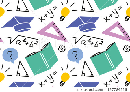Flat cartoon vector illustration pattern with education and science icons. Books, math formulas, ruler and graduation cap for school designs, learning materials, classroom, back to school background 127784316