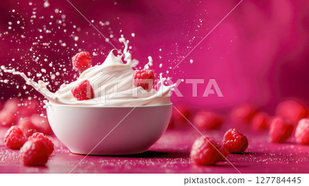 Whipped cream splashing in a white bowl surrounded by fresh raspberries on a vibrant pink background, showcasing a delightful dessert experience 127784445