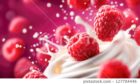 Fresh raspberries splashing into creamy dessert, creating a dynamic scene with vibrant colors and textures, showcasing delicious culinary artistry Fresh raspberries splashing into creamy dessert, creating a dynamic scene with vibrant colors and textures, showcasing delicious culinary artistry 127784446