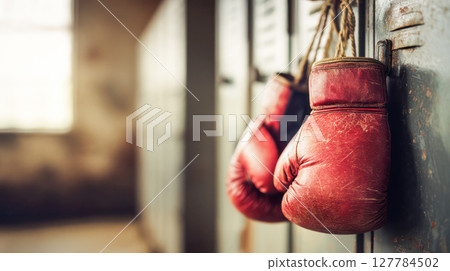Worn red boxing gloves hanging on a locker in a vintage gym, showcasing the essence of training and dedication in the sport of boxing 127784502