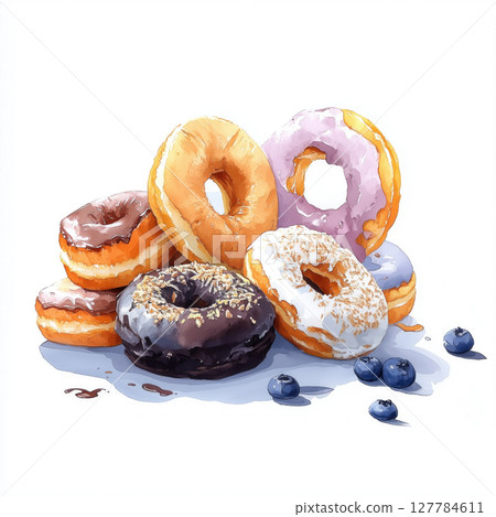 Delicious selection of assorted donuts with various toppings and designs Delicious selection of assorted donuts with various toppings and designs 127784611