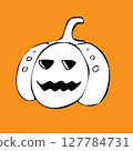 Hand-drawn illustration of a smiling pumpkin with eys in doodle style in black ink.  127784731