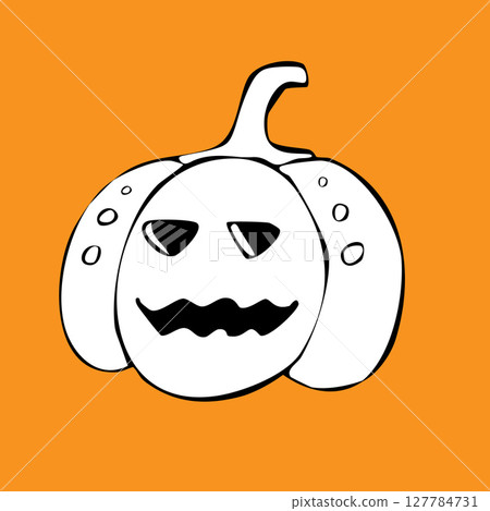 Hand-drawn illustration of a smiling pumpkin with eys in doodle style in black ink.  127784731