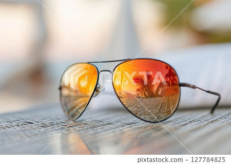 Stylish aviator sunglasses on a beach lounge with palm reflections 127784825