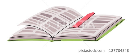 Open Book in Flat Style on White Background. Back to School. Textbook with Bookmark. Ideal for Education Graphics, Web Banners, Blog Illustrations and Sticker Designs 127784848