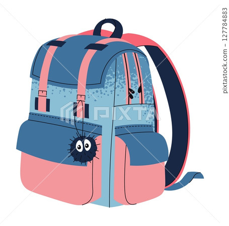 Blue Kids Backpack in Flat Style. Cute School Bag Design. Playful Rucksack Illustration for Kindergarten, Nursery, Preschool. Back to school. Perfect for Children's Products, Stickers, Scrapbooking 127784883