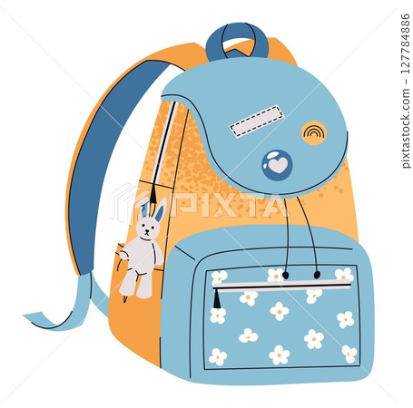 Blue Kids School Backpack with Cute Bunny Toy, Flat Style on White Background. Bag for Kindergarten, Preschool, Elementary. Back to School. Ideal for Children's Products, Educational Materials. Blue Kids School Backpack with Cute Bunny Toy, Flat Style on White Background. Bag for Kindergarten, Preschool, Elementary. Back to School. Ideal for Children's Products, Educational Materials. 127784886
