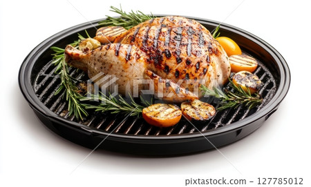 Grilled Whole Chicken with Vegetables on a Black Grill Plate Grilled Whole Chicken with Vegetables on a Black Grill Plate 127785012