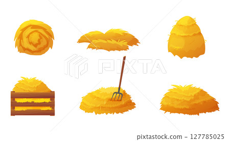Set of hay and straw clipart. Includes flat farm piles, isolated bales, grass stacks, wooden box, rake, and sack. Perfect for village scenes, agriculture projects, and rural icons. 127785025