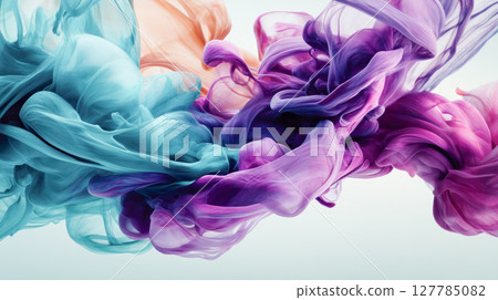 Colorful abstract ink swirling in water, creating dynamic patterns and textures, showcasing vibrant hues and fluid motion in artistic expression 127785082