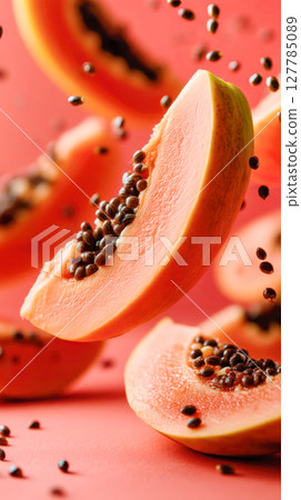 Slices of fresh papaya floating in mid-air with scattered seeds against a vibrant pink background, showcasing tropical fruit and culinary delight 127785089