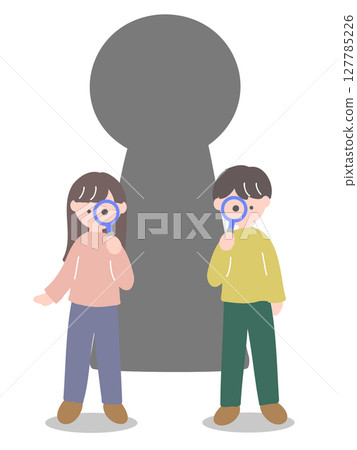 Young man and woman in casual clothes looking through a magnifying glass in front of a large keyhole 127785226