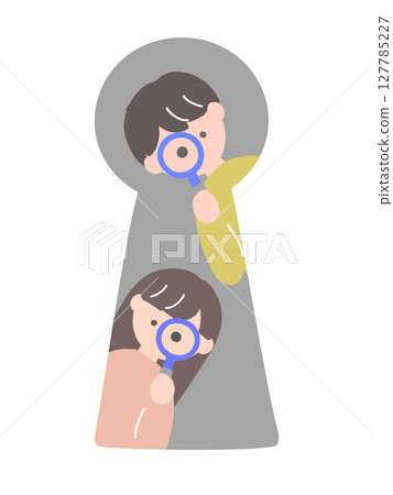圖:一男一女用放大鏡透過鑰匙孔觀察 圖:一男一女用放大鏡透過鑰匙孔觀察 127785227