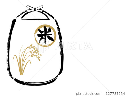 Hand-drawn rice bag with ears of rice, paper bag, Japanese style, ink painting style, gold Hand-drawn rice bag with ears of rice, paper bag, Japanese style, ink painting style, gold 127785234