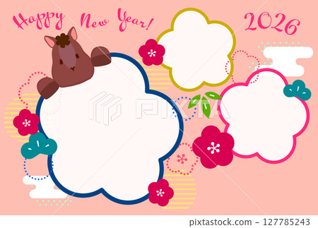 2026 馬年新年賀卡設計，馬和梅花，可容納 3 張照片橙色背景 127785243