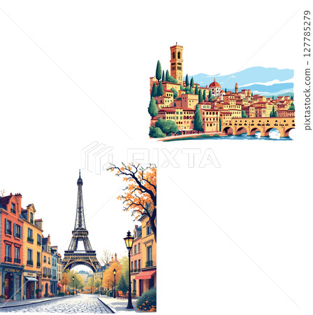 Vsai exploring europe, charming street view of paris with eiffel tower and florence with ponte vecchio 127785279