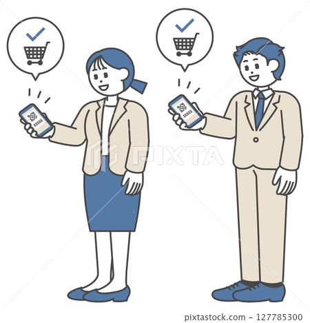 穿著西裝的男士和女士進行條碼支付 127785300