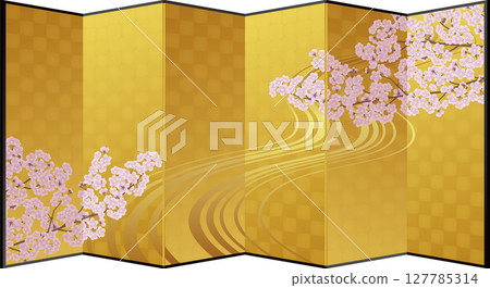 Gold folding screen. Illustration of cherry blossoms and flowing water pattern. Japanese room divider furniture. 127785314