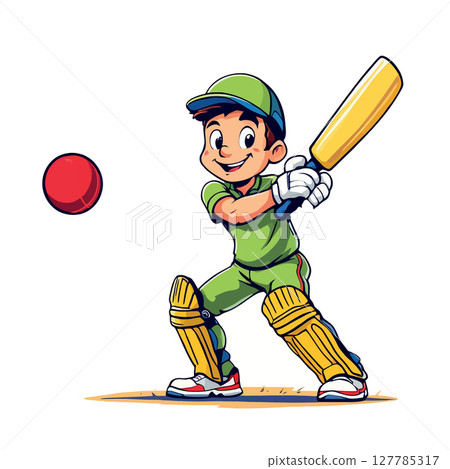 Vsai young cricketer hitting ball with bat, cartoon illustration 127785317