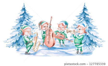 Composition with a jazz band of Christmas elves. Isolated watercolor illustration on the theme of music for the design of postcards, posters, concert tickets, poster printing, interior design. 127785339