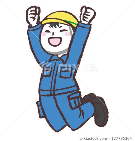 Illustration of a man in work clothes jumping Illustration of a man in work clothes jumping 127785364