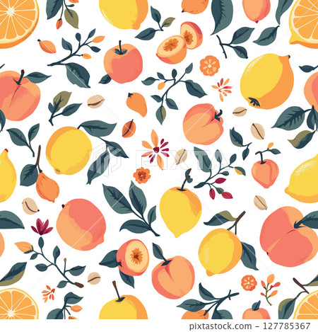 Vsai seamless pattern featuring vibrant peaches, lemons, and floral accents on white background 127785367