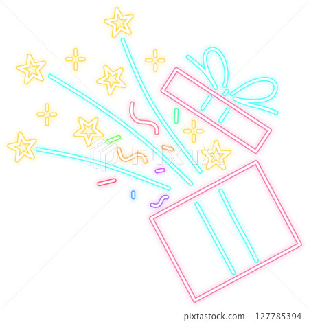 Neon Glow Gift Box with Glowing Stars and Confetti 127785394