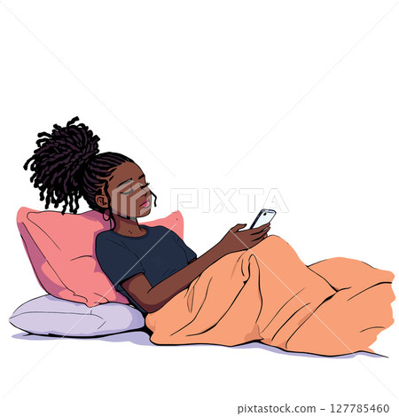 Vsai young woman relaxing in bed using smartphone 127785460